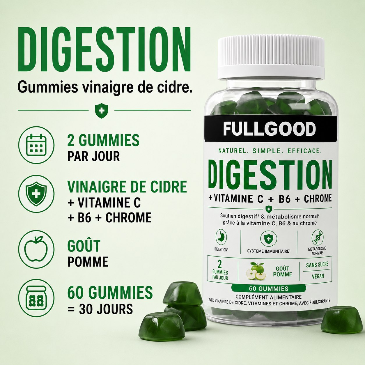 DIGESTION — Gummies Vinaigre de Cidre + Vitamine C + B6 + Chrome